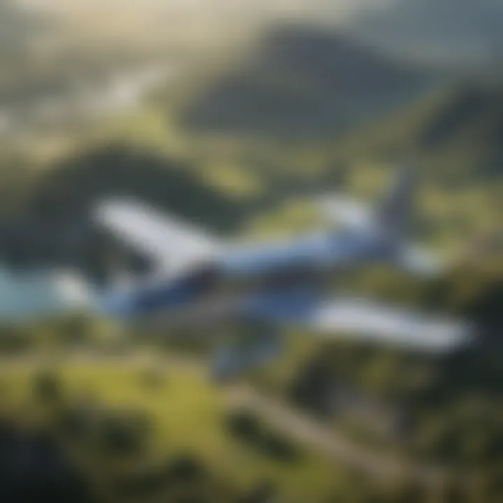 An aerial view of a small aircraft flying over picturesque landscapes, illustrating the freedom of aviation.