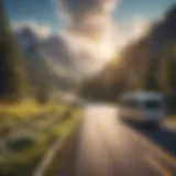 An RV on a scenic road surrounded by nature