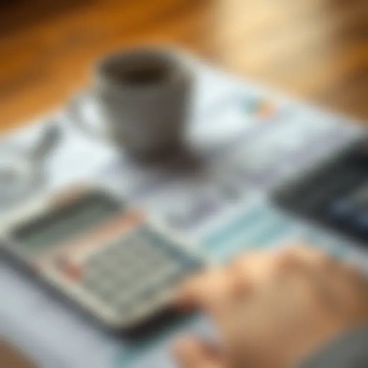 A calculator and financial plan laid out with a cup of coffee