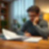 A thoughtful individual examining a variety of loan documents on a table