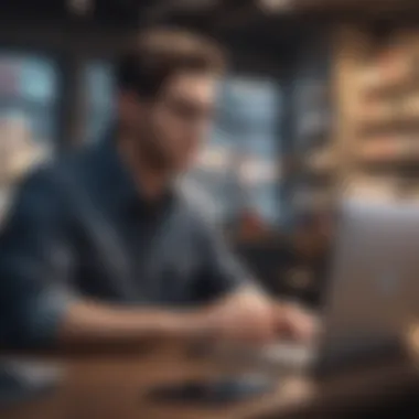 Researching Products Online A focused individual researching products online with a laptop.