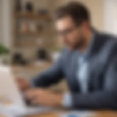 A business owner reviewing financial options with a laptop and coffee.